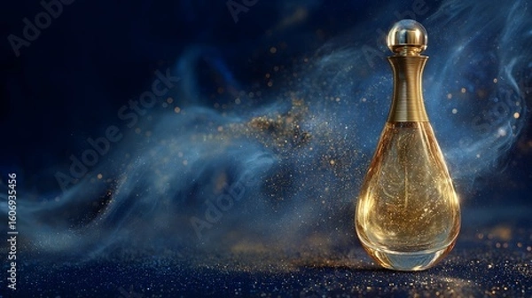 Fototapeta The golden perfume bottle is suspended in the air, the bottle cap is slightly lifted, and the golden mist fills the deep blue space, luxurious style, movie-like mist effect, shining with light.