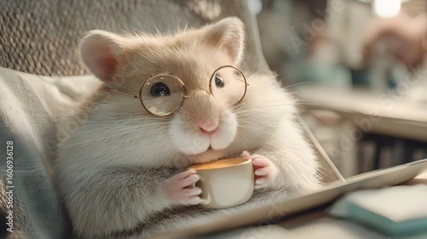 Fototapeta A plump cream hamster wearing small round glasses reclines in a modern mesh chair, holding a teacup in both paws, staring intently at a bright tablet screen, soft studio ambient lighting