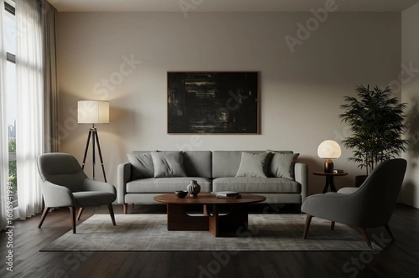 Fototapeta Modern Living Room with Grey Sofa and Abstract Dark Art