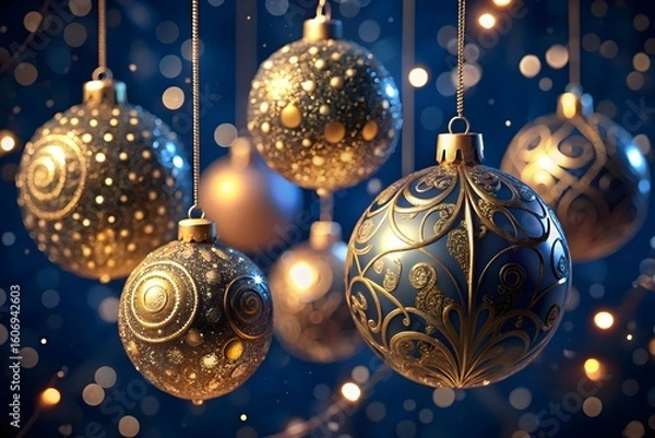 Fototapeta Festive christmas ornaments with intricate gold patterns hang against a bokeh background of blue and gold lights