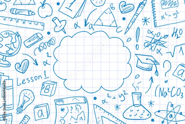 Fototapeta Rectangular Back to School frame with hand-drawn school supplies. Background with space for text, education concept. Template for designing diplomas, certificates, school announcements, and covers.