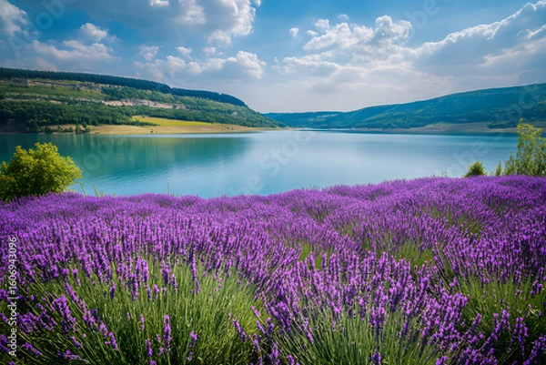 Fototapeta a field of lavender flowers next to a lake