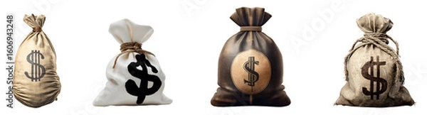Fototapeta Set of various Money bags with dollar signs isolated on transparent background