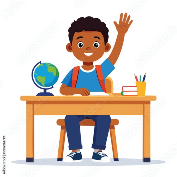 Obraz A young boy raises his hand at his school desk with a globe and books nearby.