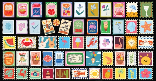 Obraz Summer holiday collection of colorful illustrated postage stamps vector