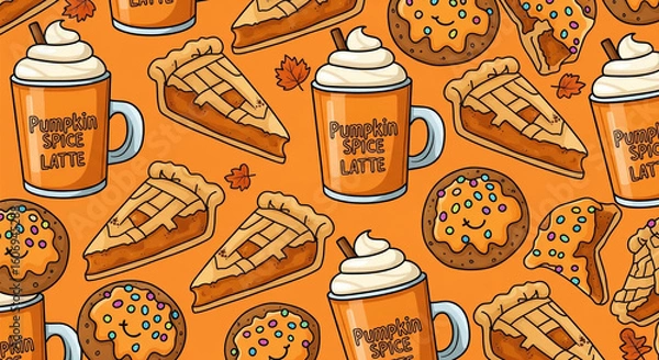 Obraz A warm and cozy seamless pattern illustration with an autumn cafe theme, featuring mugs of pumpkin spice latte, slices of pie, and frosted cookies on an orange background.


