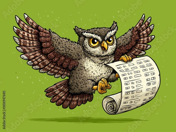 Obraz Cartoon owl flying while holding a scroll on green background  