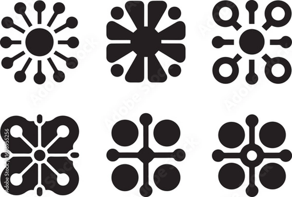 Fototapeta Set of six abstract geometric connection icons. Symmetrical vector symbols for network, technology, and community concepts.