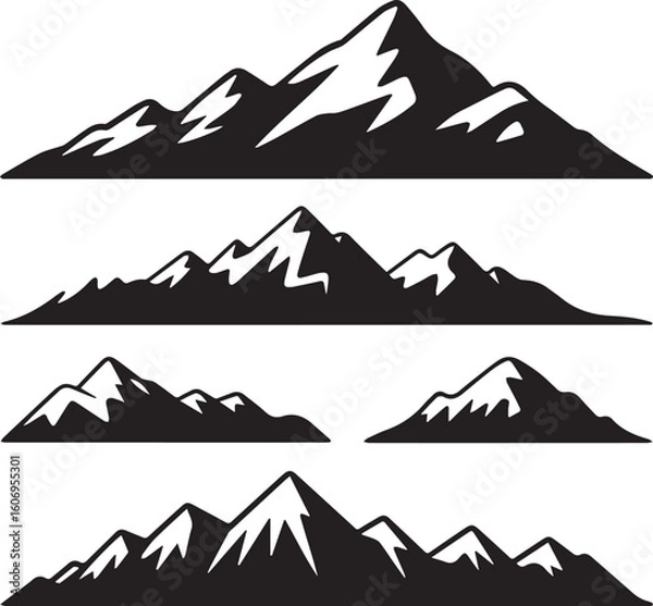 Fototapeta Set of mountain range silhouettes. Vector graphic icons of rocky peaks with snow for adventure and outdoor logos.