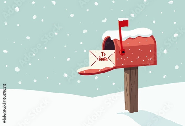 Fototapeta A red mailbox with a red post and a red letter santa on it