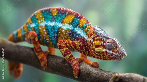 Fototapeta Close-up of a colorful chameleon with vibrant skin clinging to a tree branch in tropical forest. Its vivid colors offer perfect camouflage in nature despite seeming highly visible to the eye