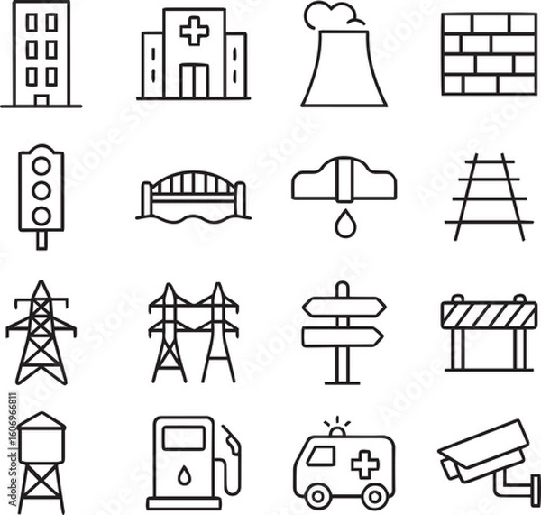 Fototapeta infrastructure line editable icon set. Contains icons related to public infrastructure. City elements. vector illustration