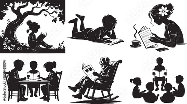 Fototapeta Reading Silhouette Vector Art Set: Children, Adults, Books, Tree, Table, Rocking Chair