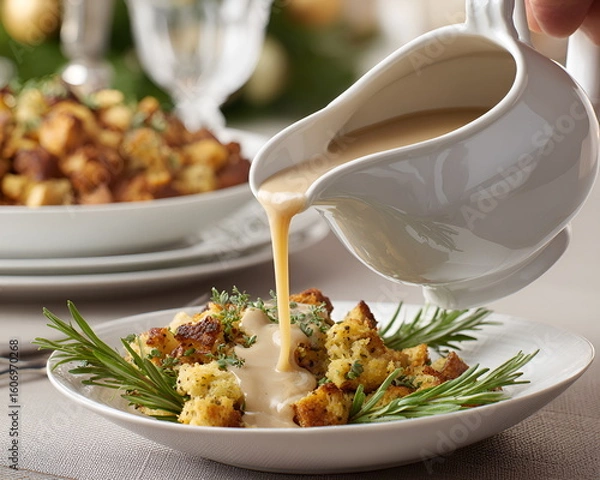 Fototapeta Gravy being poured over stuffing garnished with rosemary on table  