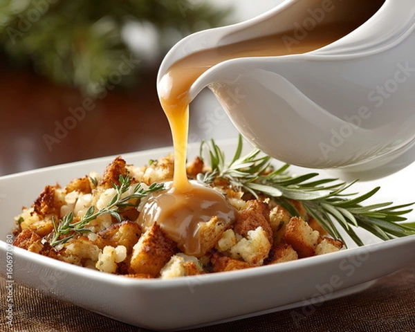 Fototapeta Gravy pouring over stuffing with herbs in white bowl on table  