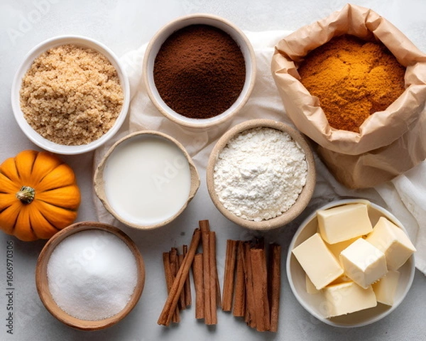 Fototapeta Assorted baking ingredients including spices and pumpkin on table , autumn season 