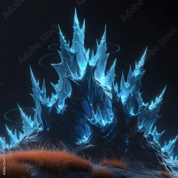 Fototapeta A low-angle view of a compact, highly detailed cluster of glowing icy blue crystals with numerous sharp points and delicate layers, against a dark, featureless background, emphasizing their radiant li