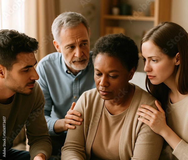 Obraz A diverse group of family members comforting a sad older woman at home during a difficult time.