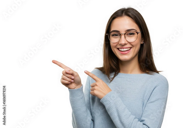 Fototapeta Smiling woman pointing to the left side on transparent background