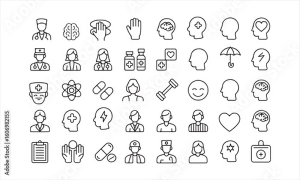 Obraz Mental Health Medical Icon Set – Line Art Doctor Brain Wellness Symbols

