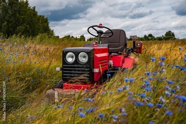 Fototapeta Small tractor in field with flowers