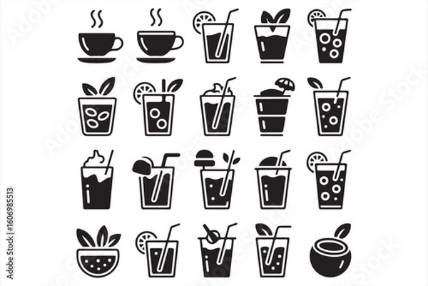 Fototapeta Black and White Icons of Different Beverages: Coffee, Smoothies, and Soft Drinks