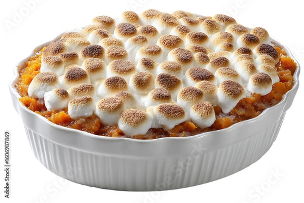 Obraz On transparent background a closeup view of a sweet potato casserole topped with toasted marshmallows in a