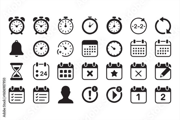 Fototapeta Comprehensive Set of Time, Schedule, and Calendar Icons in Bold Black and White