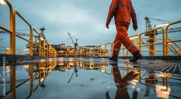 Fototapeta Oil rig worker walking on wet platform at offshore site with safety gear and industrial equipment.