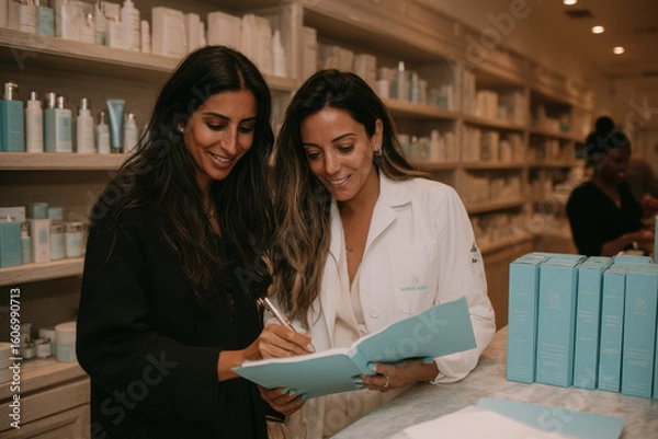Fototapeta dermatologist is seen holding notebook focused on jotting down client recommendations