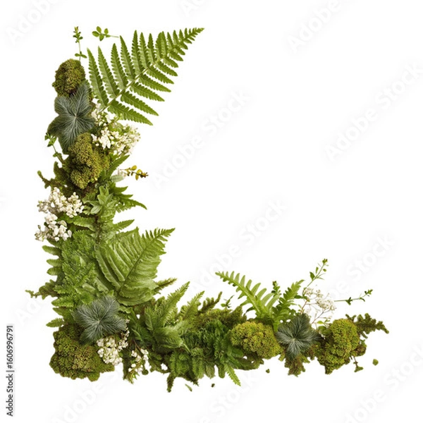 Fototapeta Botanical corner frame made of ultrarealistic intertwining ferns and moss clusters, Isolated on white background