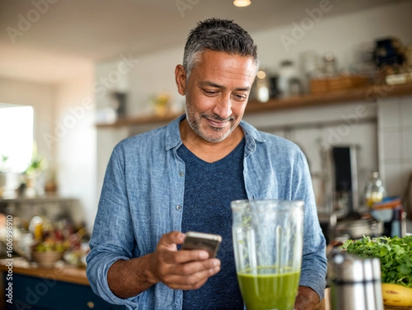 Fototapeta Man making a healthy green smoothie reading a recipe