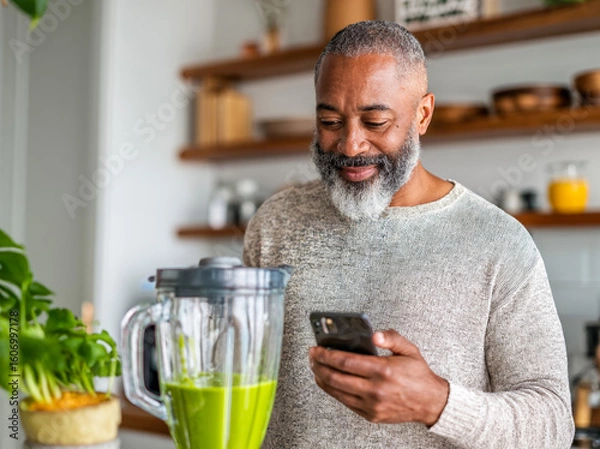 Fototapeta Man makes green shake smoothie while checking his phone in a cozy kitchen