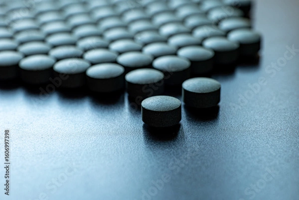 Fototapeta Multiple round black tablets arranged on blue surface. Dietary supplement and pharmaceutical medicine concept. Macro shot photography. 