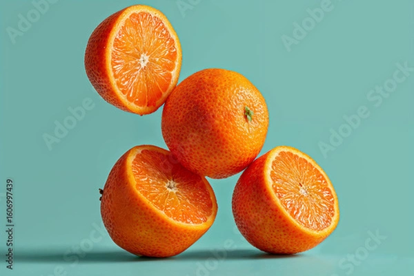 Fototapeta Fresh oranges arranged artistically on a vibrant blue background, showcasing their juicy segments and bright color contrast