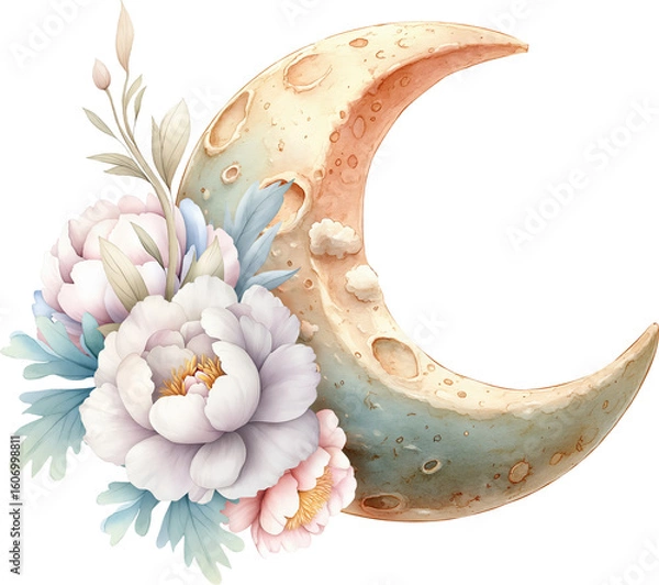 Fototapeta A watercolor crescent moon with crater texture, adorned with a bouquet of pastel peonies and foliage. An atmospheric, romantic composition in soft hues that blends lunar and floral motifs.