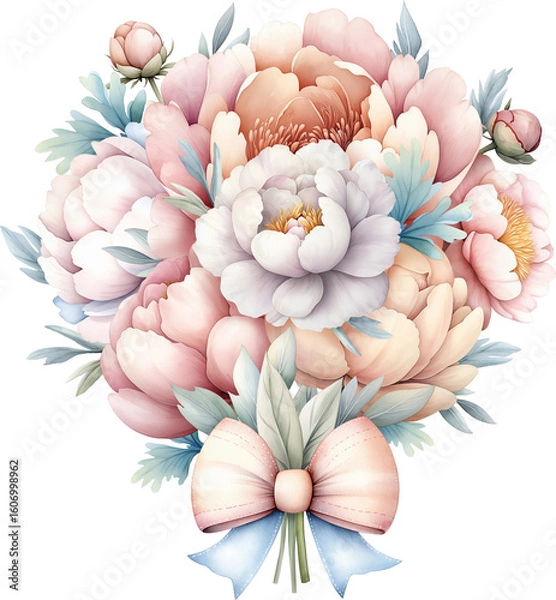 Fototapeta Delicate watercolor illustration of a lush peony bouquet in soft pastels, tied with a pink‑and‑dusty‑blue ribbon bow. Perfect for wedding stationery, cards, baby decor, branding, and feminine designs