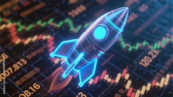 Fototapeta Futuristic Rocket Launching on Stock Market Data: Tech Startup Growth and Investment Success