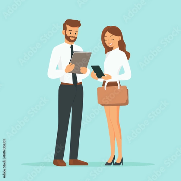 Fototapeta 
Businesswoman with businessman upper body character taking laptop and smartphone. flat design style minimal vector illustration.