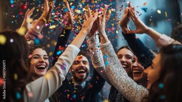 Fototapeta A group of joyful people celebrate together by high-fiving amid a colorful shower of confetti in a lively and festive atmosphere.