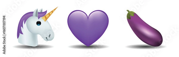 Fototapeta 3 emoticons isolated on white background. Violet color heart, unicorn, eggplant vector emoji illustration. 3d illustration set.