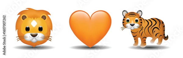 Fototapeta 3 emoticons isolated on white background. Orange color heart, lion, tiger vector emoji illustration. 3d illustration set.