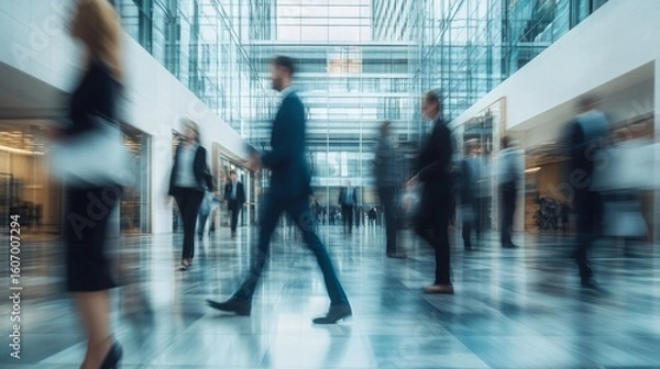 Fototapeta Busy modern office lobby with blurred business people walking and interacting in a glass-walled building.