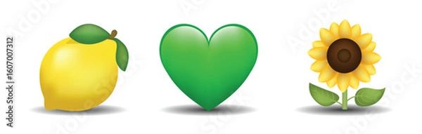 Fototapeta 3 emoticons isolated on white background. Green color heart, lemon, sunflower vector emoji illustration. 3d illustration set.