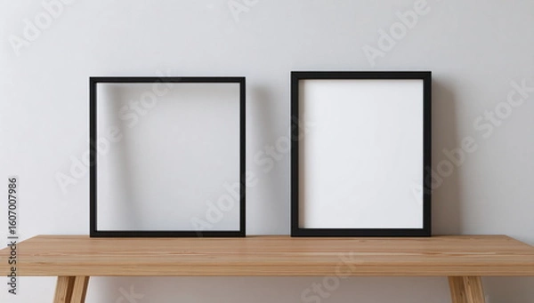 Fototapeta Two blank dark frames on a wooden table. Mockup for picture, poster or artwork display. Minimalist interior design concept.