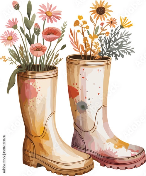 Fototapeta Watercolor rain boots with wildflowers, spring floral bouquet in colorful boots, rustic garden decor, cheerful blooming flower arrangement illustration