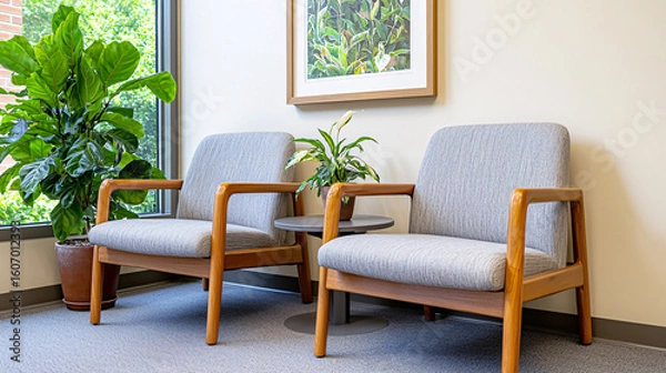 Fototapeta A calm and professional waiting room with modern furniture and indoor plants by a window