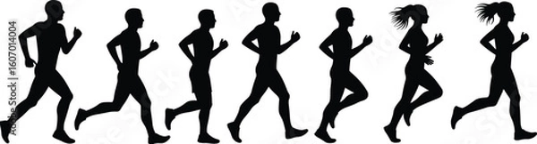 Obraz Group of Diverse Runners in Motion Silhouette Vector Illustration Set, Male and Female Athletes Running, Sports, Fitness, Healthy Lifestyle, Black and White, Dynamic Action.