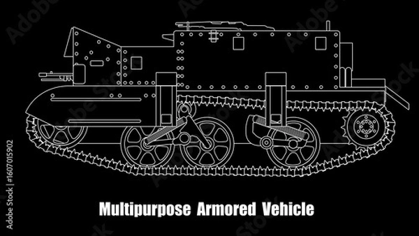 Fototapeta multi-purpose tracked armored vehicle, designed to transport machine guns, personnel, ammunition, and equipment on the battlefield. Made in silhouette version