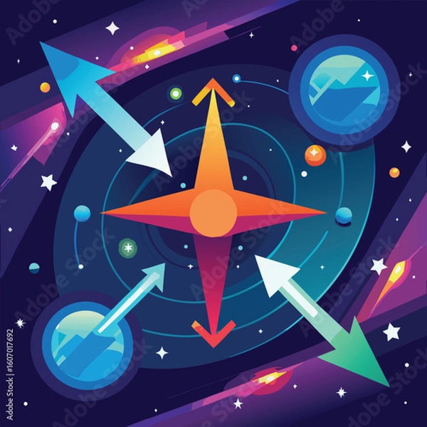 Fototapeta Colorful vector space background with central star and directional arrows representing cosmic movements and planetary positions depicting interstellar navigation